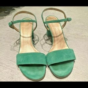 Stuart Weitzman Ankle Strap Block Heel Sandals Size 7.5M in Jade Luxe Suede EUC